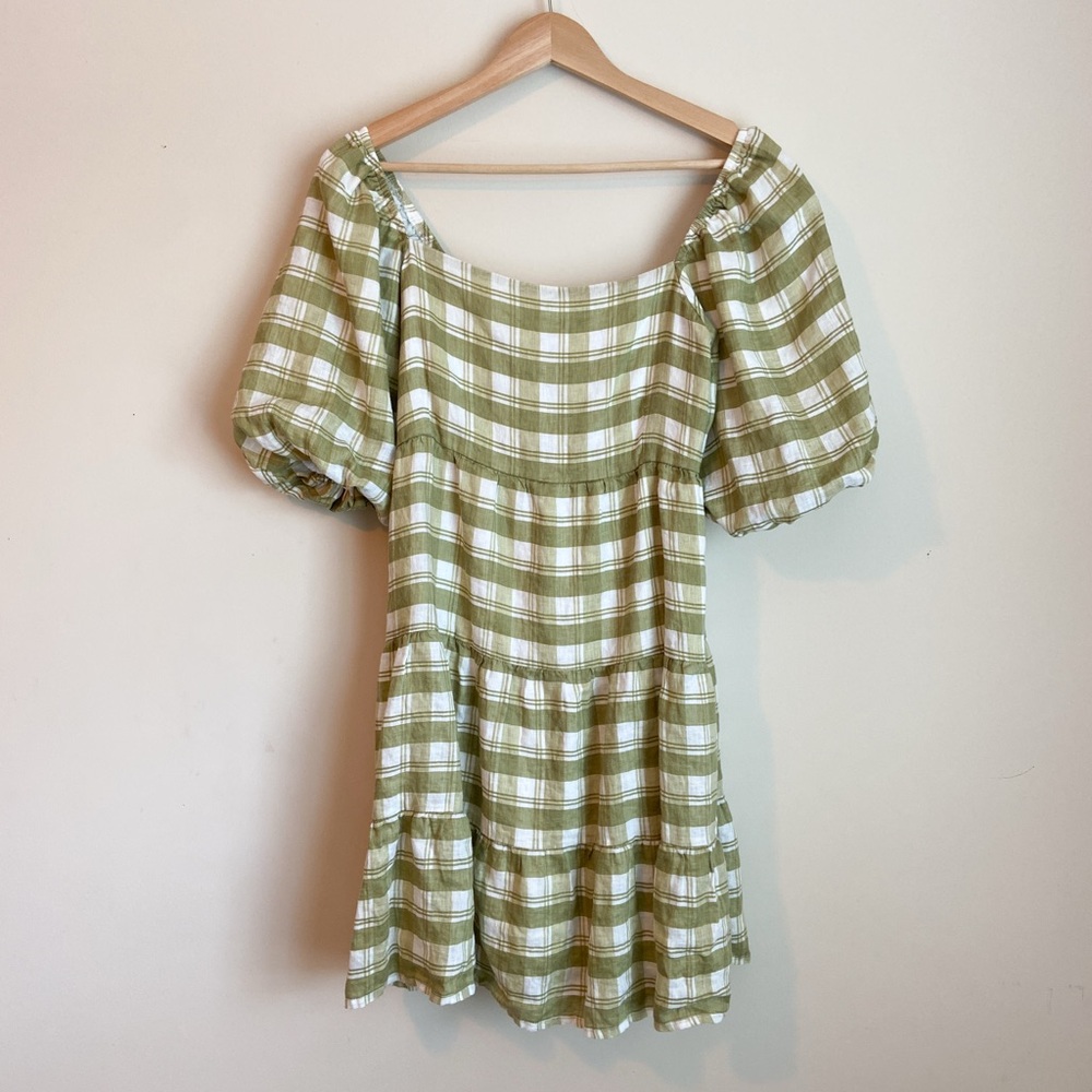 Faithfull the Brand Gingham Checker Puff Sleeve Linen Mini Dress